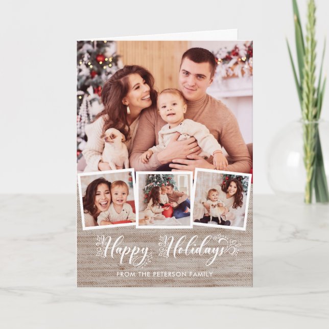 Cartão De Festividades Rustic Linen & Happy Holidays Script 4-Photo (Frente)