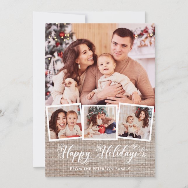 Cartão De Festividades Rustic Linen & Happy Holidays Script 4-Photo (Frente)
