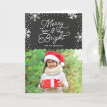 Cartão De Festividades Rustic Merry and Bright | Holiday Photo<br><div class="desc">Celebrate the Christmas season with a rustic Merry and Bright holiday photo greeting card. The Christmas photo greeting card features a chalkboard background with a scalloped border,  white snowflakes,  and stylish modern typography. Add your family's name and custom photo for a one of a kind look.</div>