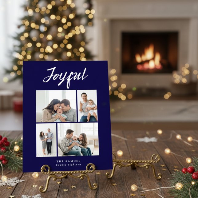 Cartão De Festividades Rustic Merry Four Family Photo Collage Navy Blue (Criador carregado)