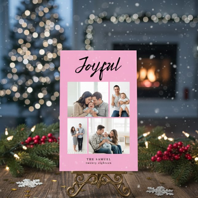 Cartão De Festividades Rustic Merry Four Family Photo Collage Pink (Criador carregado)