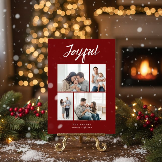 Cartão De Festividades Rustic Merry Four Family Photo Collage Red (Criador carregado)