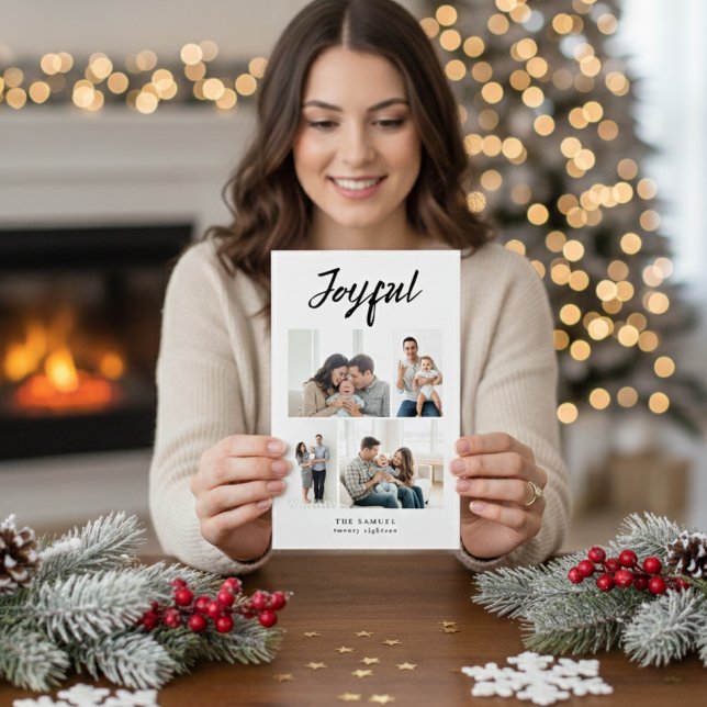 Cartão De Festividades Rustic Merry Four Family Photo Collage White (Criador carregado)