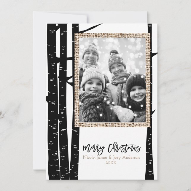 Cartão De Festividades Rustic Modern Black Birch & Burlap Holiday Photo (Frente)
