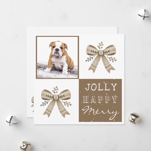 Cartão De Festividades Rustic Photo Bow Jolly Happy Merry Christmas Card (Frente/Verso In Situ)