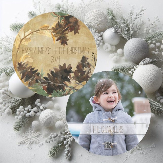Cartão De Festividades Rustic Pine Cone Chistmas Round Holiday Photo Card (Criador carregado)