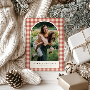 Cartão De Festividades Rustic Red Gingham Arch Foto do Natal Moderno