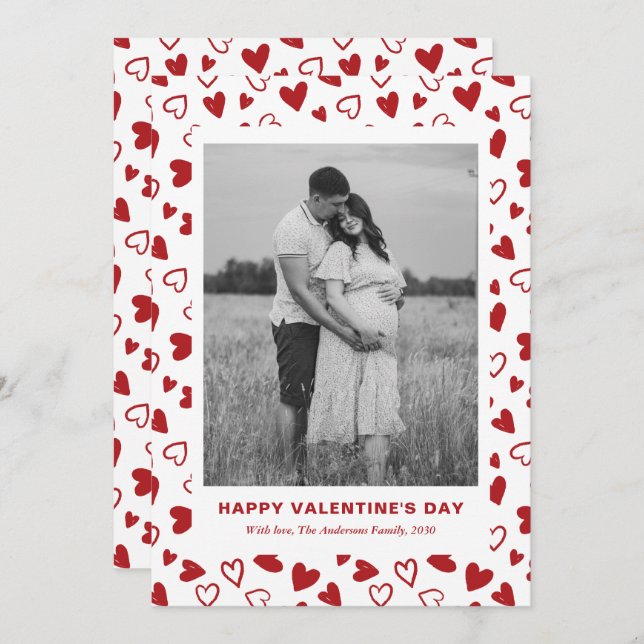 Cartão De Festividades Rustic Red Hearts Pattern One Photo Valentines Day (Frente/Verso)