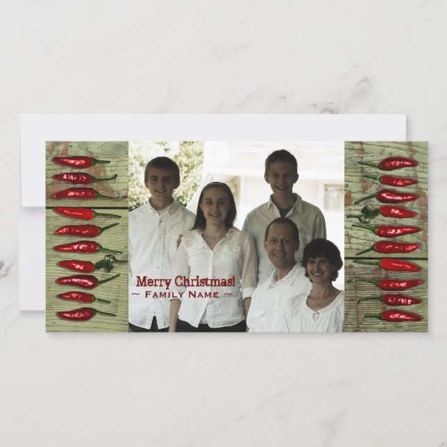 Cartão De Festividades Rustic Red Peppers Green Wood Photo Christmas Card (Frente)
