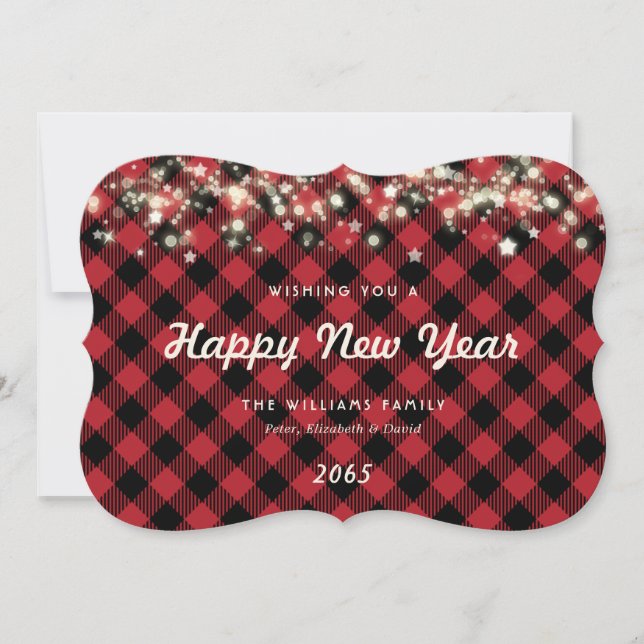 Cartão De Festividades Rustic Red Plaid Lights Stars New Year Card (Frente)