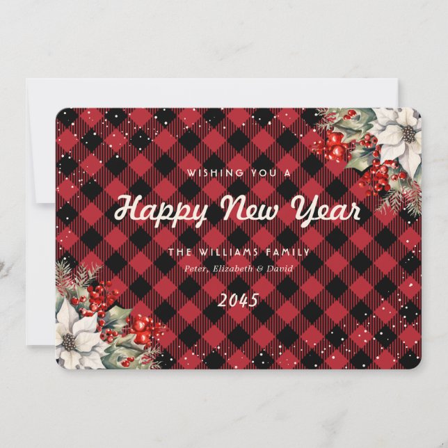 Cartão De Festividades Rustic Red Plaid Snow Botanical New Year Card (Frente)