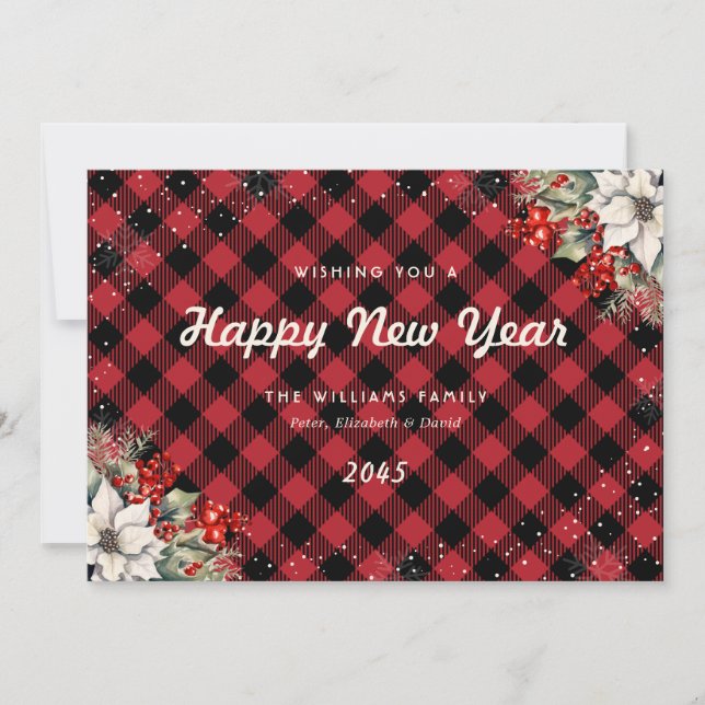 Cartão De Festividades Rustic Red Plaid Snowflake Botanical New Year Card (Frente)