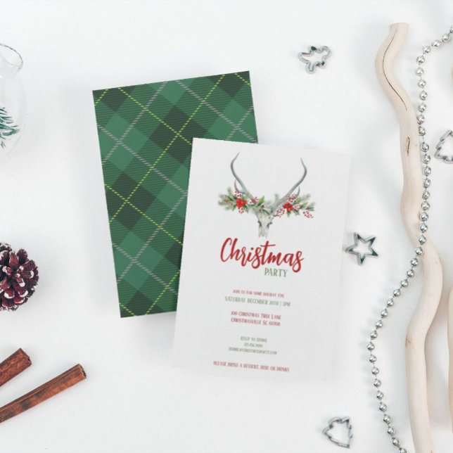 Cartão De Festividades Rustic Reindeer Skull com Xadrez Festa de Natal (Criador carregado)
