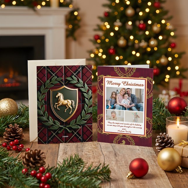 Cartão De Festividades Rustic Royal Christmas Plaid 3 Photo Holiday Card (Criador carregado)