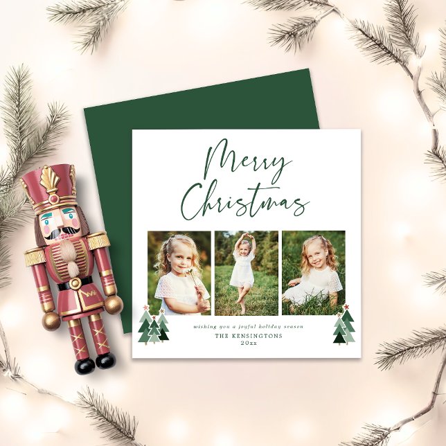 Cartão De Festividades Rustic Trees Modern Christmas Holiday 3 Photo (Rustic Trees Modern Christmas Holiday 3 Photo Square Card)