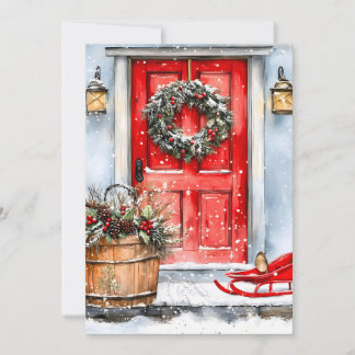 Cartão De Festividades Rustic Vintage Winter Red Christmas Door Wreath