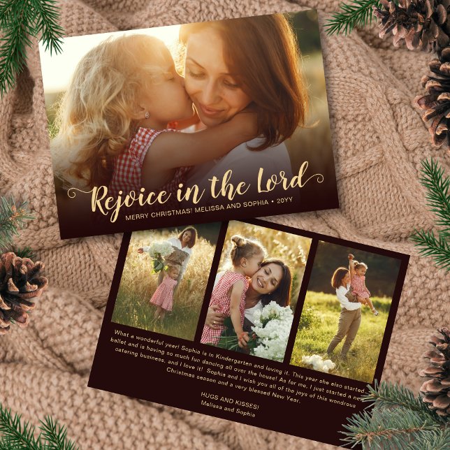 Cartão De Festividades Rustic Warm Brown Religious Christmas Card (Toasty Chestnut Rustic Christmas card with 4 photos)