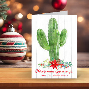 Cartão De Festividades Rustic Watercolor Cactus Christmas Holiday Photo