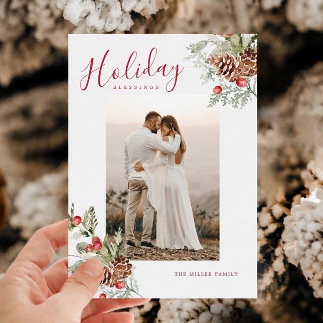 Cartão De Festividades Rustic Watercolor Holiday Blessings Photo Card (Rustic Watercolor Holiday Blessings Photo Card)