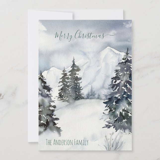 Cartão De Festividades Rustic Watercolor Snowy Mountain Country Natal (Frente)