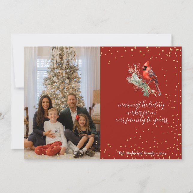 Cartão De Festividades Rustic Watercolor Winter Cardinal Holly Branch (Frente)