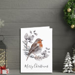 Cartão De Festividades Rustic Watercolor Winter Robin Botânico Christmas<br><div class="desc">Bonito cartão dobrado de Natal com pia d'água. A cena de inverno de cinzas e folhas azuis, eucalipto e tosse de pinheiro inclui também um pinto vermelho assado. Mensagem de Feliz Natal personalizada encontrada na frente. Dentro este cartão de feriado dobrado é mais texto que você pode personalizar com uma...</div>