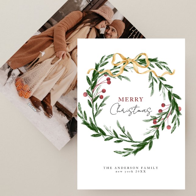Cartão De Festividades Rustic Watercolor Winter Wreath Christmas Photo (Criador carregado)