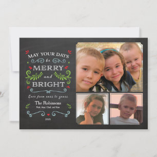 Cartão De Festividades Rustic Whimsical Chalkboard Holiday 3-Photo Card
