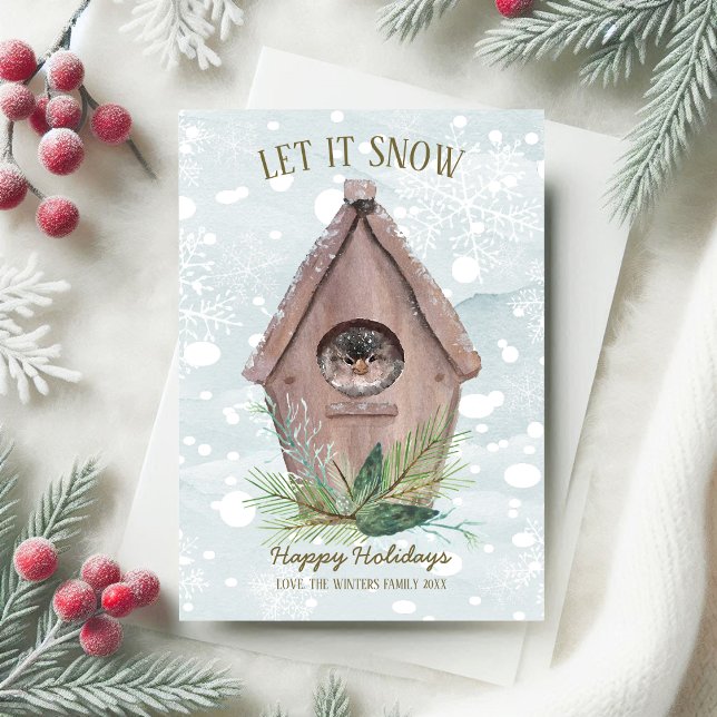 Cartão De Festividades Rustic Winter Bird Deixe-A Neve Holiday Card (Criador carregado)