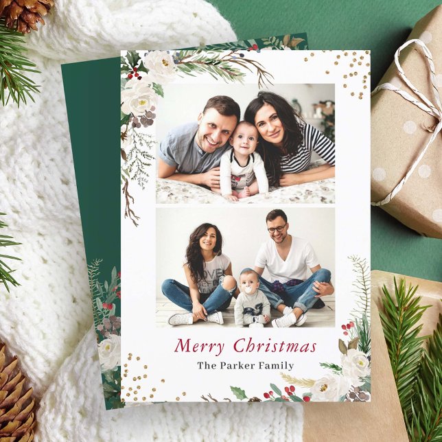 Cartão De Festividades Rustic Winter Botanical Floral 2 Fotografias Natal (Criador carregado)