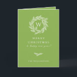 Cartão De Festividades Rustic Winter Wreath Green<br><div class="desc">Monograma russo branco da coroa de inverno,  cartões de natal em verde festivo. A placa apresenta dentro de padrão e várias linhas de modelo para a sua saudação personalizada.</div>