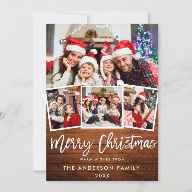 Cartão De Festividades Rustic Wood Brush Script Star 4 Foto Natal (Frente)