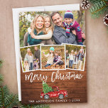 Cartão De Festividades Rustic Wood Brush Script Vintage Truck 4 Foto<br><div class="desc">Roteiro Russo de Madeira Pincel Watercolor Vintage Red Truck com Cartão de Natal da Família Fotográfica da Árvore 4</div>