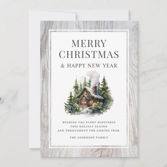 Cartão De Festividades Rustic Wood Log Cabin Snow Christmas New Year Card (Frente)