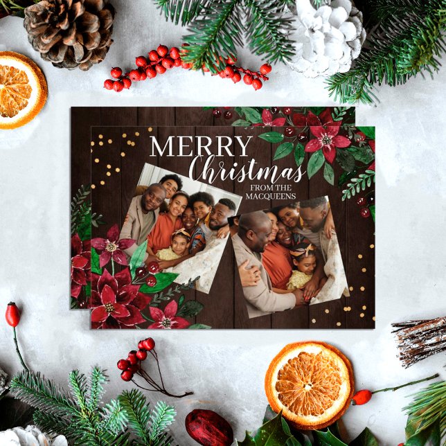 Cartão De Festividades Rustic Wood Poinsettia Floral Confetti Natal (Criador carregado)