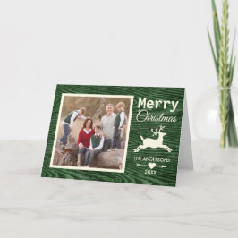 Cartão De Festividades Rustic Wood Reindeer Green Christmas Family Photo