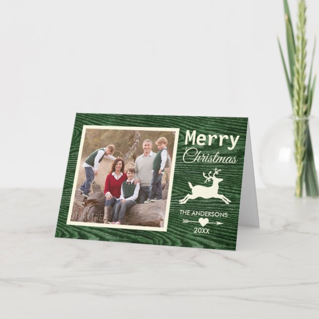 Cartão De Festividades Rustic Wood Reindeer Green Christmas Family Photo (Frente)