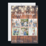 Cartão De Festividades Rustic Wood String Lights 6 Photo Collage Holiday<br><div class="desc">Fundo de madeira rústica Feliz Feriado com luzes de cordas em segundo plano que podem ser personalizadas com 6 fotos.</div>