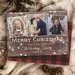 Cartão De Festividades Rustic Wood String Lights Mason Jars Plaid<br><div class="desc">Celebrate Christmas with these rustic barn 3-photo collage cards. Hand lettered typography and string lights with mason jars make for the perfect warm and country vibe for this holiday greeting and are a great choice for family and friends. Backside features a red buffalo plaid texture. Please see matching products in...</div>