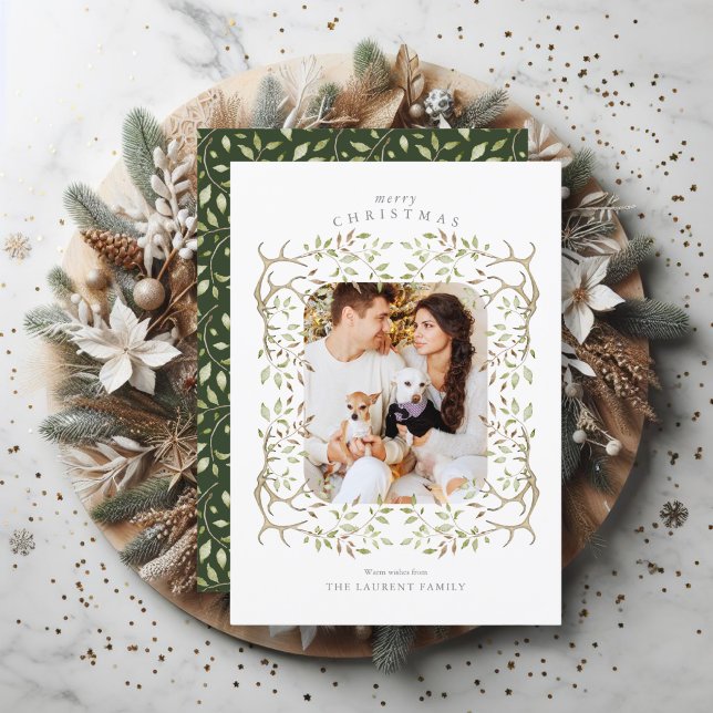 Cartão De Festividades Rustic Woodland | Antler Wreath Photo (Celebrate the holiday season by sending out this rustic woodland wreath photo card to family/friends)