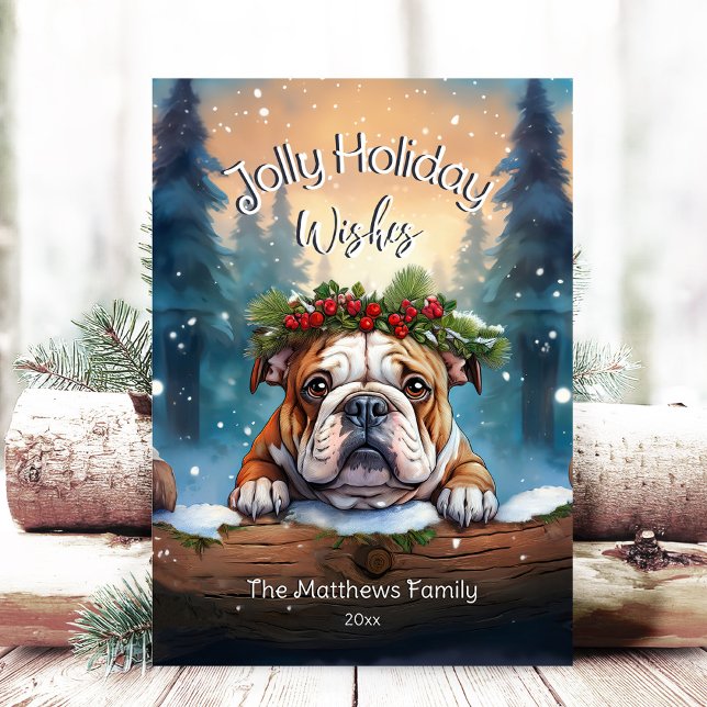 Cartão De Festividades Rustic Woodland Forest Peeking Bulldog Jolly (Adorable Winter Snowy Scene With Peeking Dogs or Farm/Woodland Animals - Over 50 to Choose From!)