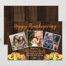 Cartão De Festividades Rustic Woodsy Pumpkins Foto Feliz Ação de Graças
