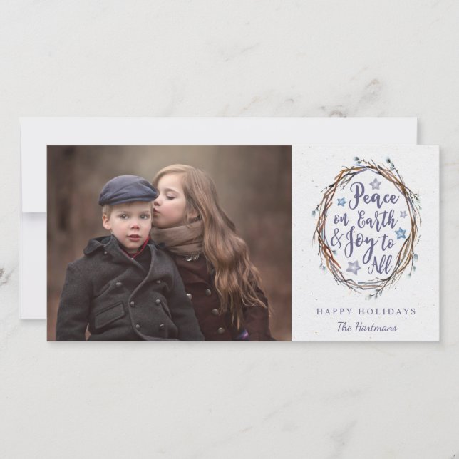 Cartão De Festividades Rustic Wreath Peace on Earth Foto de Natal (Frente)