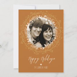 Cartão De Festividades Rustic Wreath & Script on Dourado Holiday Photo