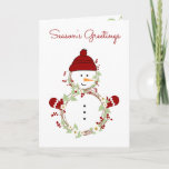 Cartão De Festividades Rustic Wreath Snowman com Red Hat e Mittens<br><div class="desc">Feliz furioso boneco de neve vestindo chapéu vermelho e luvas de fôrons celebra a época de Natal com sorriso para todos.


A criação inclui gráficos de Huckleberry Hearts,  LLC (https://www.etsy.com/shop/HuckleberryHearts).</div>