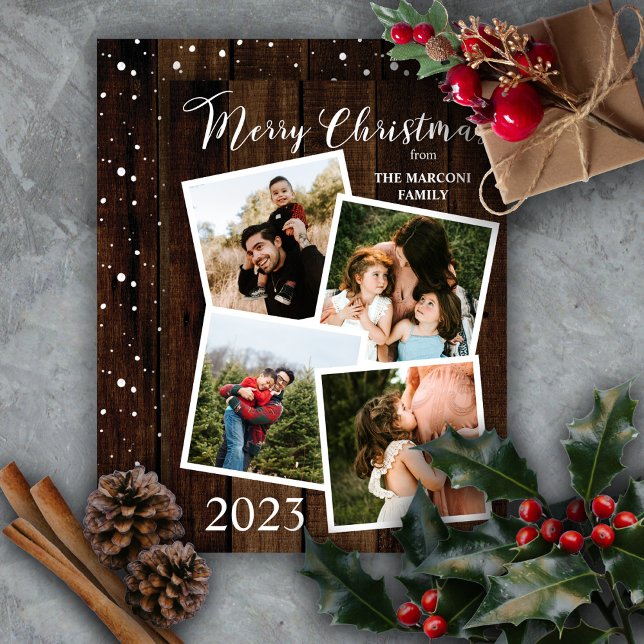Cartão De Festividades Rústica Madeira Faux Feliz Natal 4 Foto (Wish them "Merry Christmas" in country rustic style with this faux wood 4-photo design!)