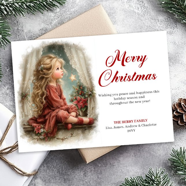 Cartão De Festividades Rusticmode Little Girl Awaits Santa Digital   (Bring the magic of Christmas Eve to your holiday greetings with this vintage watercolor card featuri)