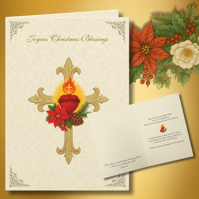 Cartão De Festividades Sacred Heart Jesus Christmas Florals (Criador carregado)