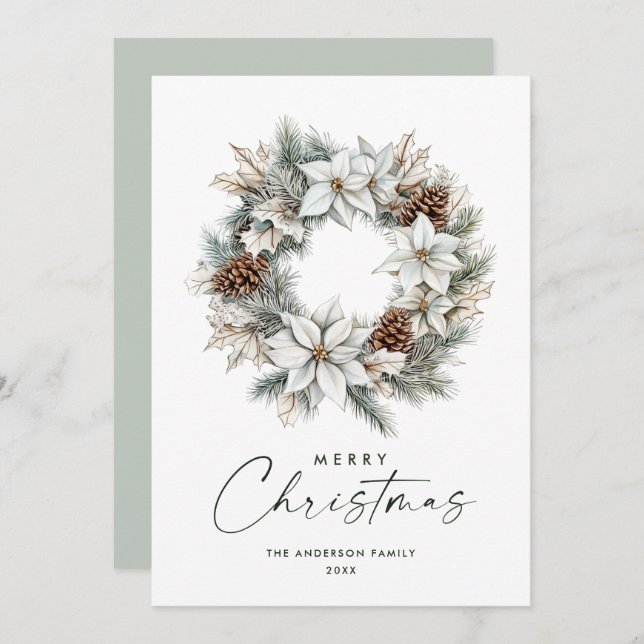 Cartão De Festividades Sage Green Boho Pine Cones Wreath de Natal (Frente/Verso)