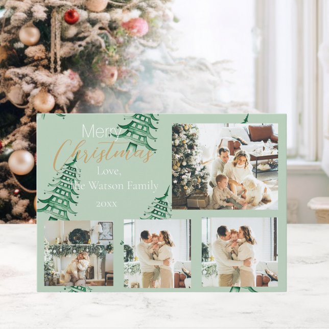 Cartão De Festividades Sage Green Christmas Pagoda Trees 5-Foto (Sage Green Christmas Pagoda Trees 5-Photo Holiday Card)